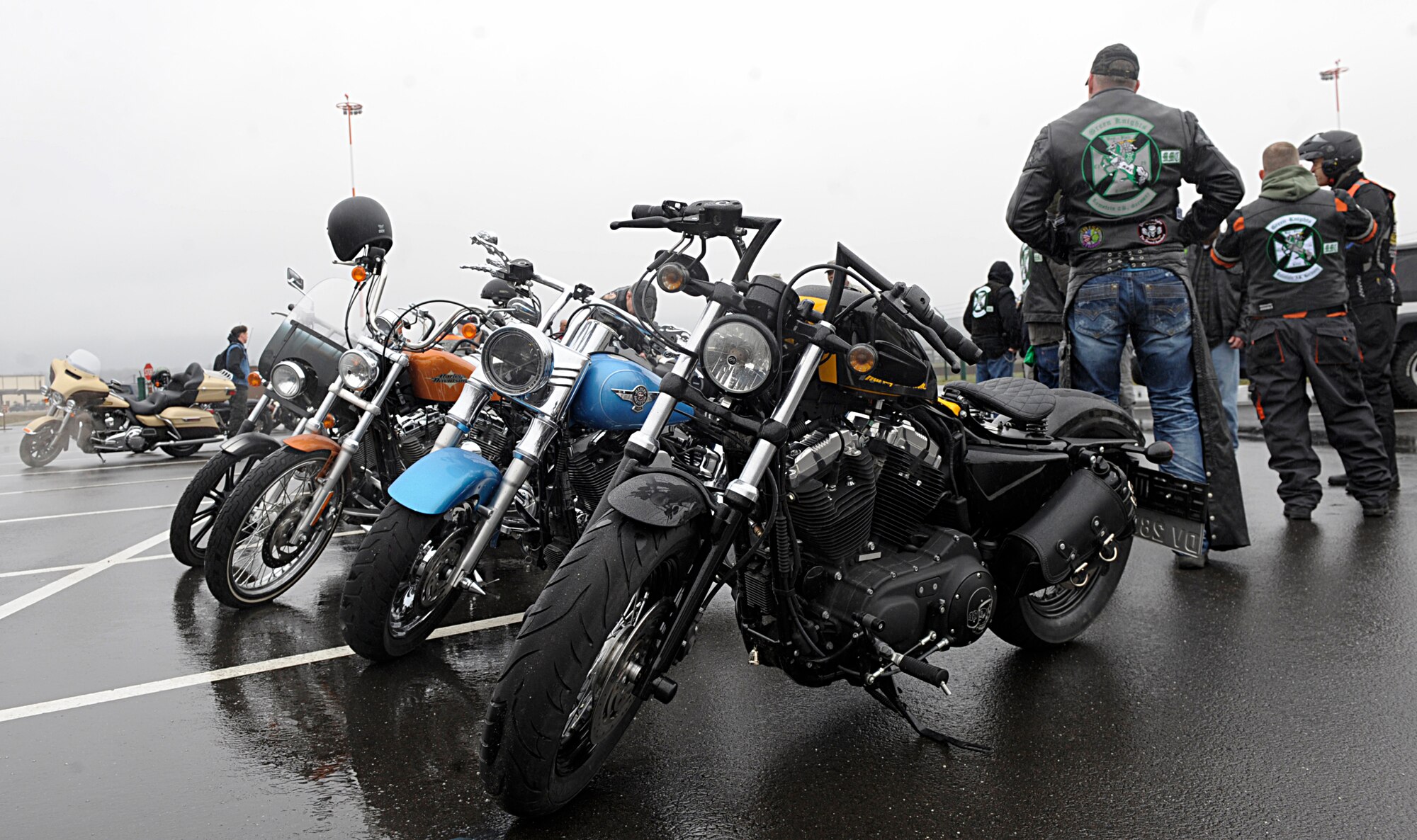 Motorcycles are parked behind the 86th Airlift Wing Safety office April 1, 2016, at Ramstein Air Base, Germany. The 86th AW Safety office organized two group rides for motorcyclists after the annual pre-season motorcycle safety briefing. (U.S. Air Force photo/Staff Sgt. Timothy Moore)