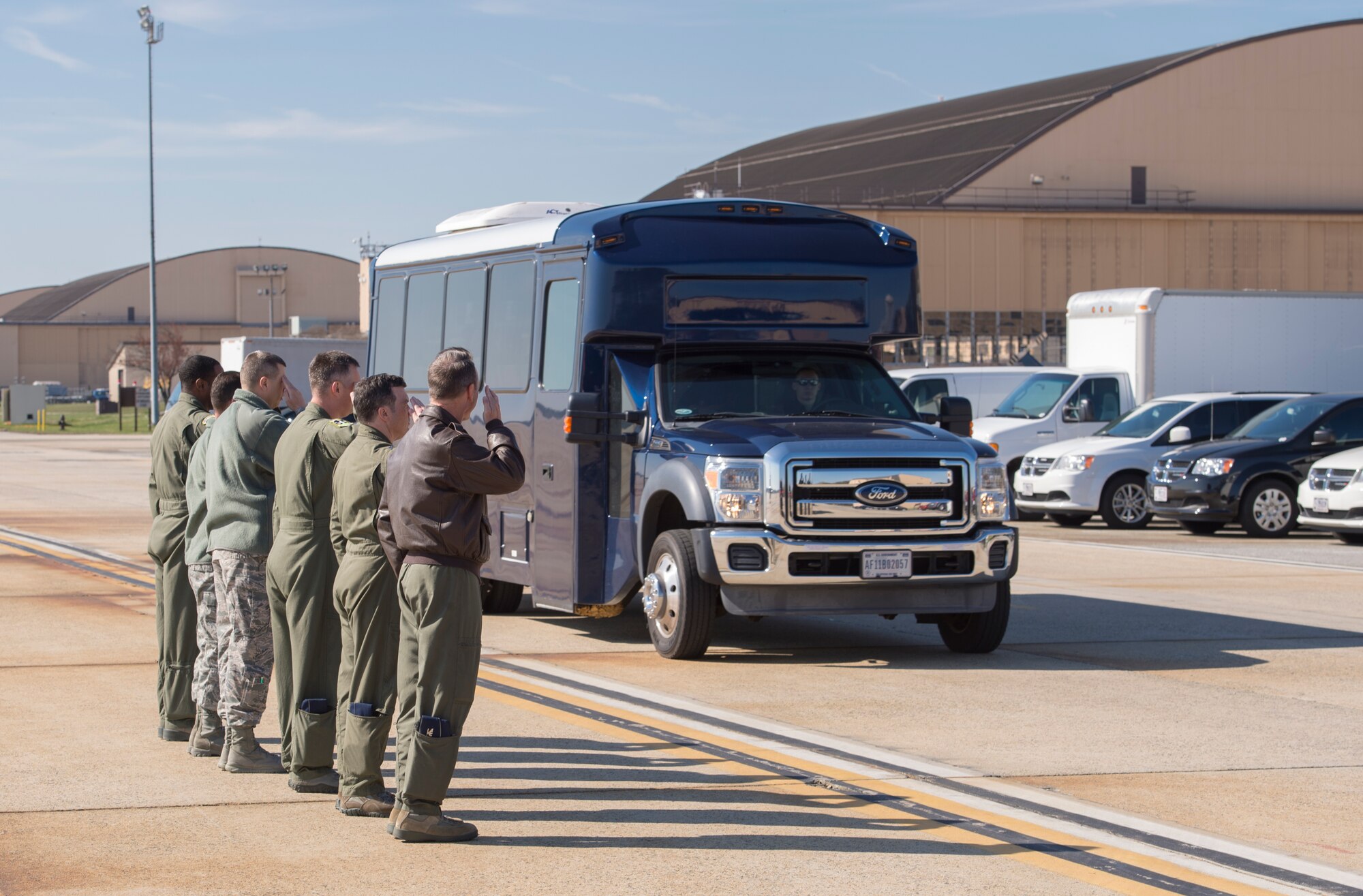 Joint Base Andrews leadership salute as the Turkish Air Force Chief of Staff arrives here, April 6, 2016. Gen. Abidin Ünal visited JBA to familiarize himself with the 1st Helicopter Squadron operations and strengthen relations. (U.S. Air Force photo by Senior Airman Ryan J. Sonnier/RELEASED)