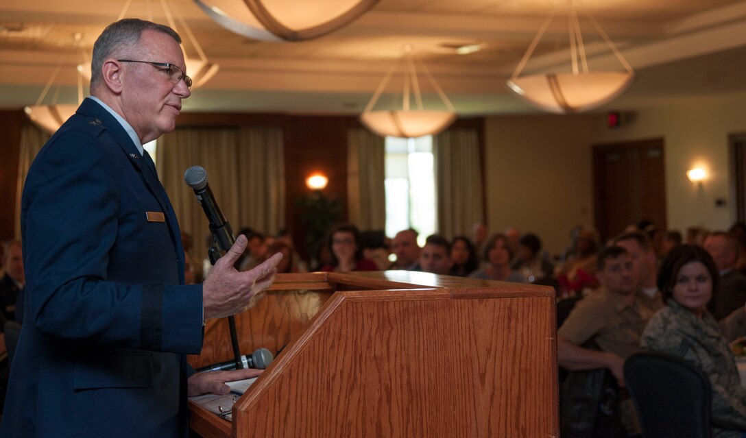 Chaplain (Brig. Gen.) Steven A. Schaick, U. S. Air Force’s Deputy Chief of Chaplains, addresses members of Joint Base Andrews at the National Prayer Luncheon here April 5, 2016. As a member of the Armed Forces Chaplains Board, he advises the Secretary of Defense and Joint Chiefs of Staff on religious, ethical and quality of life concerns. (U.S. Air Force photo by Airman 1st Class Rustie Kramer/Released)
