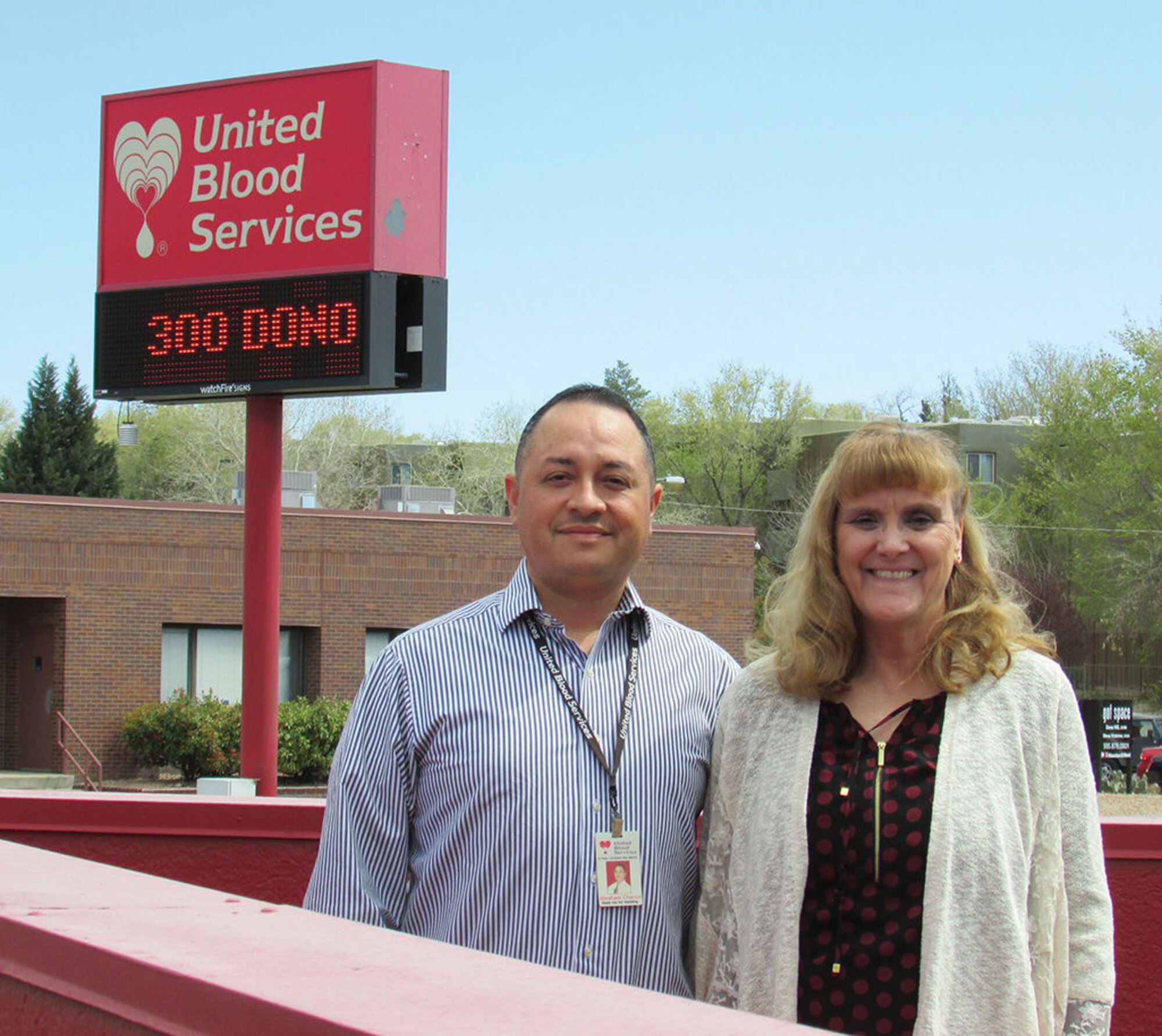 Abraham Chacon, United Blood Services regional donor recruitment manager, and Sue Pearson, Kirtland Air Force Base blood programs coordinator, hope to organize blood drives on base soon. A new agreement allows United Blood Services to come on the base after an absence of several years. (Photo by Argen Duncan)
