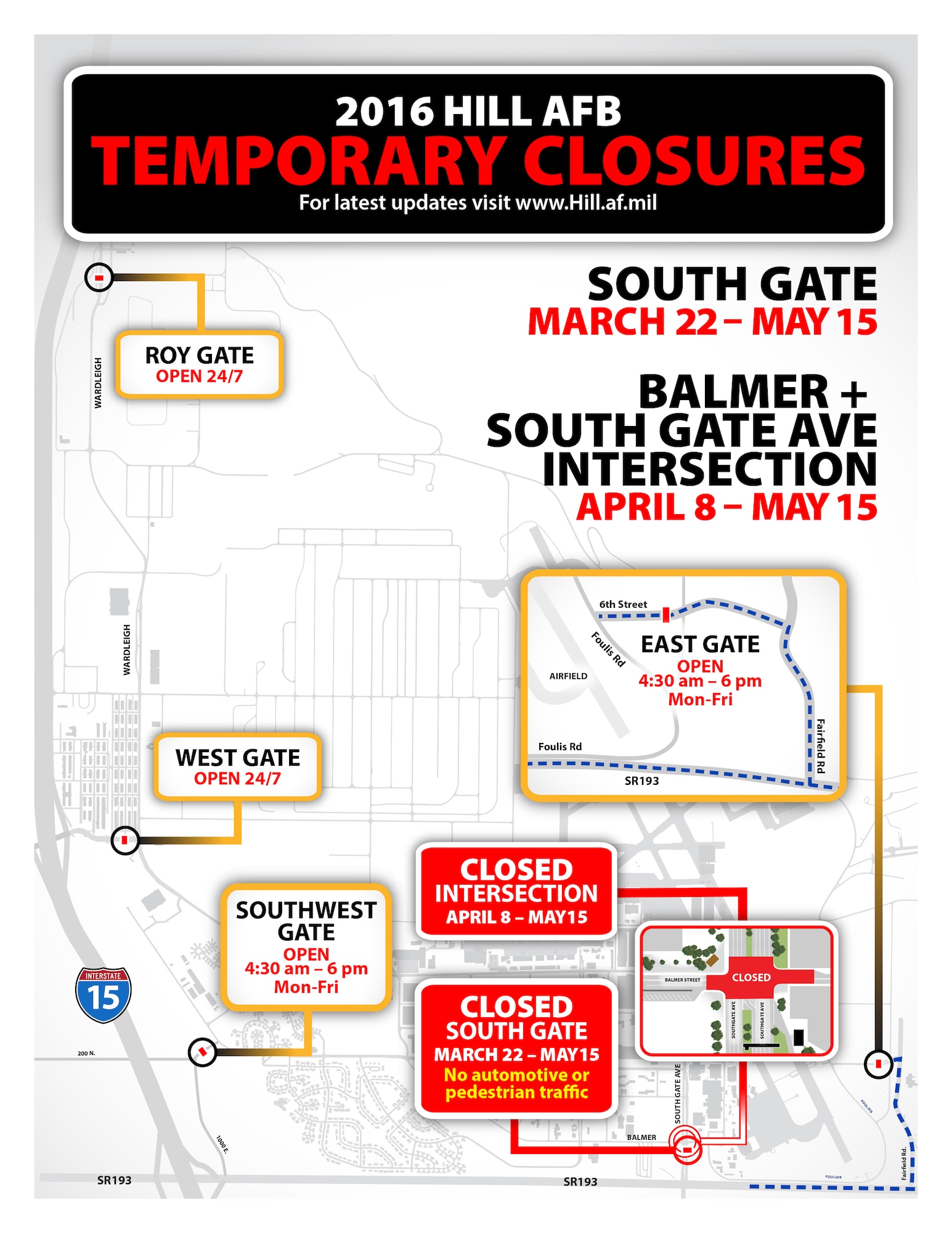 The intersection just inside the South Gate where Balmer crosses South Gate Avenue will be closed April 8-May 15. (U.S. Air Force graphic by David Perry)