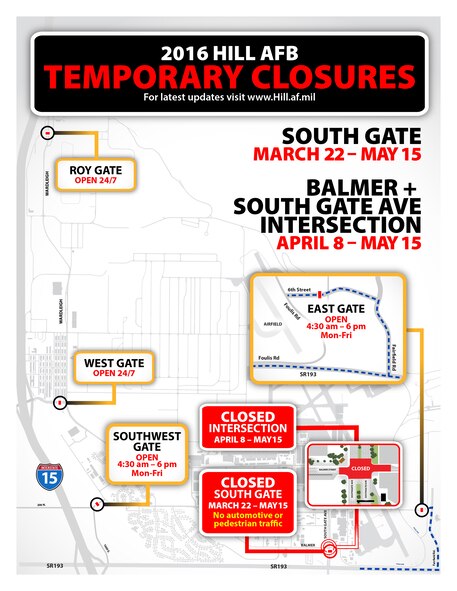 The intersection just inside the South Gate where Balmer crosses South Gate Avenue will be closed April 8-May 15. (U.S. Air Force graphic by David Perry)