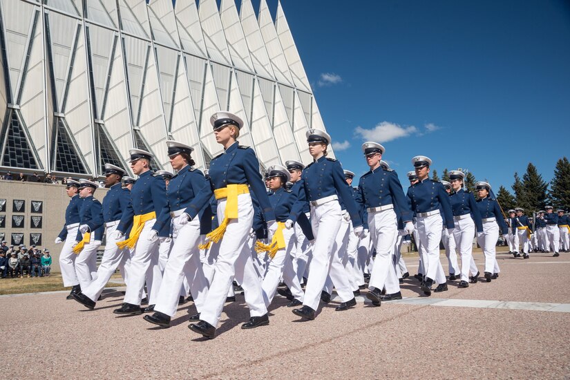 Cadets at the U.S. Air Force Academy march in formation past the Cadet Chapel during the Founder's Day Parade April 2, 2016. The parade is an annual event to celebrate the Academy's founding and heritage. (U.S. Air Force photo/Liz Copan) 