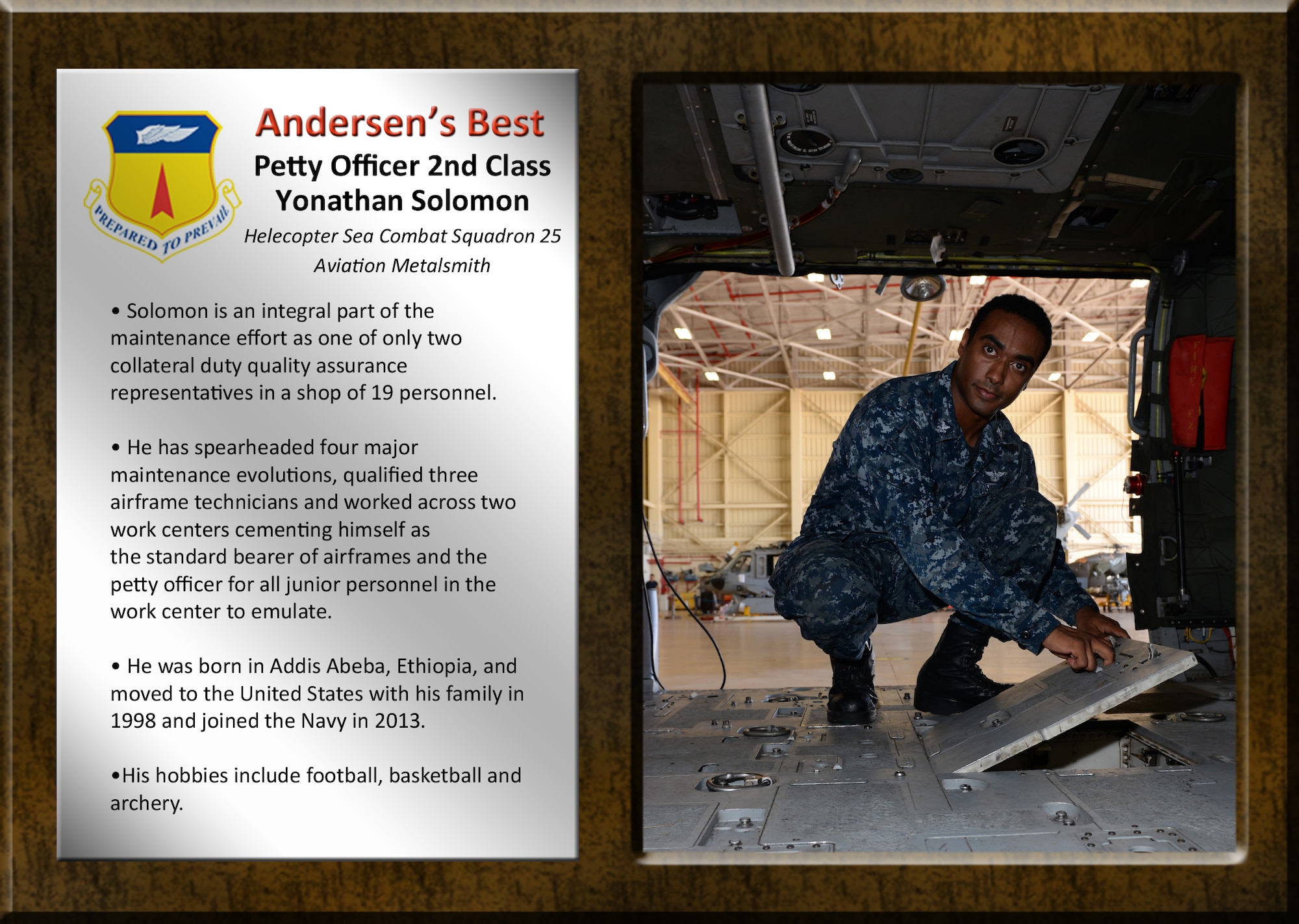 Team Andersen's Best recognizes Airmen and civilian professionals for outstanding contributions to mission and team success. As spotlight performers, individuals are chosen by base leaders for demonstrating the Air Force's core values of integrity first, service before self, and excellence in all we do.  