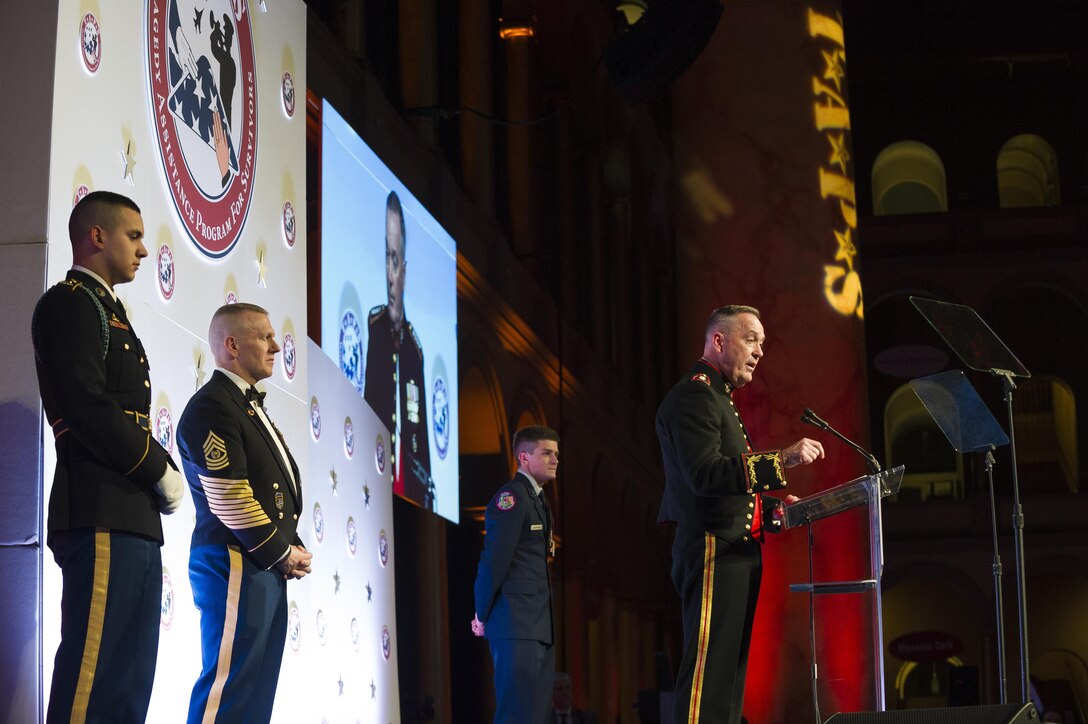 Marine Corps Gen. Joe Dunford, chairman of the Joint Chiefs of Staff, makes remarks during the Tragedy Assistance Program for Survivors 2016 Honor Guard Gala in Washington, D.C., Apr. 6, 2016. During the event, Gen. Dunford was presented the TAPS Honor Guard Gala Military Award, accepting it on behalf of the men and women serving in our Armed Forces. DoD photo by Army Staff Sgt. Sean K. Harp
