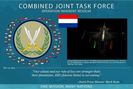 The Netherlands is involved in training Iraqi and Kurdish Peshmerga forces. They coordinate with their German and Norwegian training partners in Erbil, Iraq and the United States in Baghdad. In addition, the Netherlands provides aircraft and personnel to the aerial combat mission in Iraq.

The Netherlands is part of a ‪#‎Coalition‬ of more than 60 international partners that has united to assist and support the Iraqi Security Forces to degrade and defeat Daesh. This unity between coalition partners has contributed to Iraq’s significant progress in halting Daesh's momentum and in some places reversing it.