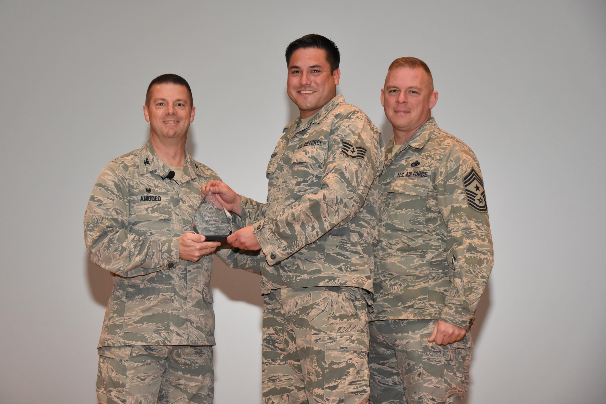 The 403rd Wing held its annual commander’s call at Welch Theater April 2, 2016, during the Unit Training Assembly. Col. Frank Amodeo, 403rd Wing Commander, presented awards to the 2015 quarterly and annual award winners. Staff Sgt. Denys Watson, 403rd Maintenance Squadron, is the NCO of the Year for 2015. (U.S. Air Force photo/Tech. Sgt. Ryan Labadens)  
