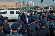 (April 07, 2016) U.S. Secretary of State John Kerry speaks with Sailors from the Avenger-class Mine Countermeasures ship USS Devastator (MCM 6) at Naval Support Activity Bahrain. The secretary visited Sailors of the U.S. 5th Fleet as part of his current travel to the region.