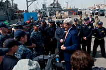 (April 07, 2016) U.S. Secretary of State John Kerry speaks with Sailors from the Avenger-class Mine Countermeasures ship USS Devastator (MCM 6) pier side aboard at Naval Support Activity Bahrain. The secretary visited Sailors of the U.S. 5th Fleet as part of his current travel to the region.