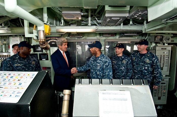 (April 07, 2016) U.S. Secretary of State John Kerry shakes hands with Sailors on the bridge of the Avenger-class Mine Countermeasures ship USS Devastator (MCM 6) during a visit to Naval Support Activity Bahrain. The secretary visited Sailors of the U.S. 5th Fleet as part of his current travel to the region.