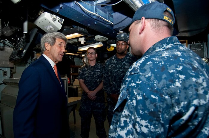 (April 07, 2016) U.S. Secretary of State John Kerry speaks with Sailors aboard the Avenger-class Mine Countermeasures ship USS Devastator (MCM 6) during a visit to Naval Support Activity Bahrain. The secretary visited Sailors of the U.S. 5th Fleet as part of his current travel to the region.