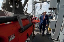 (April 07, 2016) U.S. Secretary of State John Kerry tours the Avenger-class Mine Countermeasures ship USS Devastator (MCM 6) during a visit to Naval Support Activity Bahrain. The secretary visited Sailors of the U.S. 5th Fleet as part of his current travel to the region.