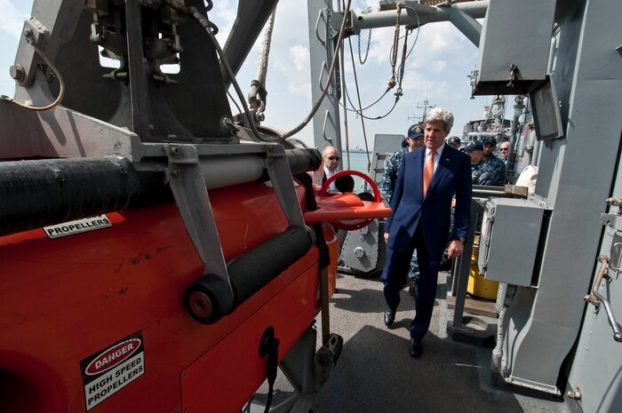 (April 07, 2016) U.S. Secretary of State John Kerry tours the Avenger-class Mine Countermeasures ship USS Devastator (MCM 6) during a visit to Naval Support Activity Bahrain. The secretary visited Sailors of the U.S. 5th Fleet as part of his current travel to the region.