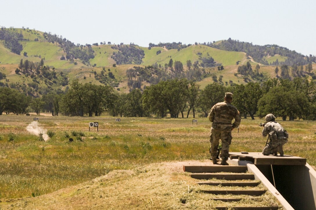 A Soldier fires a rifle at the U.S. Army Civil Affairs and Psychological Operations Command 2016 U.S. Army Best Warrior Competition at Fort Hunter Liggett, Calif., April 5, 2016. This year’s Best Warrior competition will determine the top noncommissioned officer and junior enlisted Soldier who will represent USACAPOC in the Army Reserve Best Warrior competition later this year. (U.S. Army photo by Spc. Khadijah Lutz-Wilcox, USACAPOC)