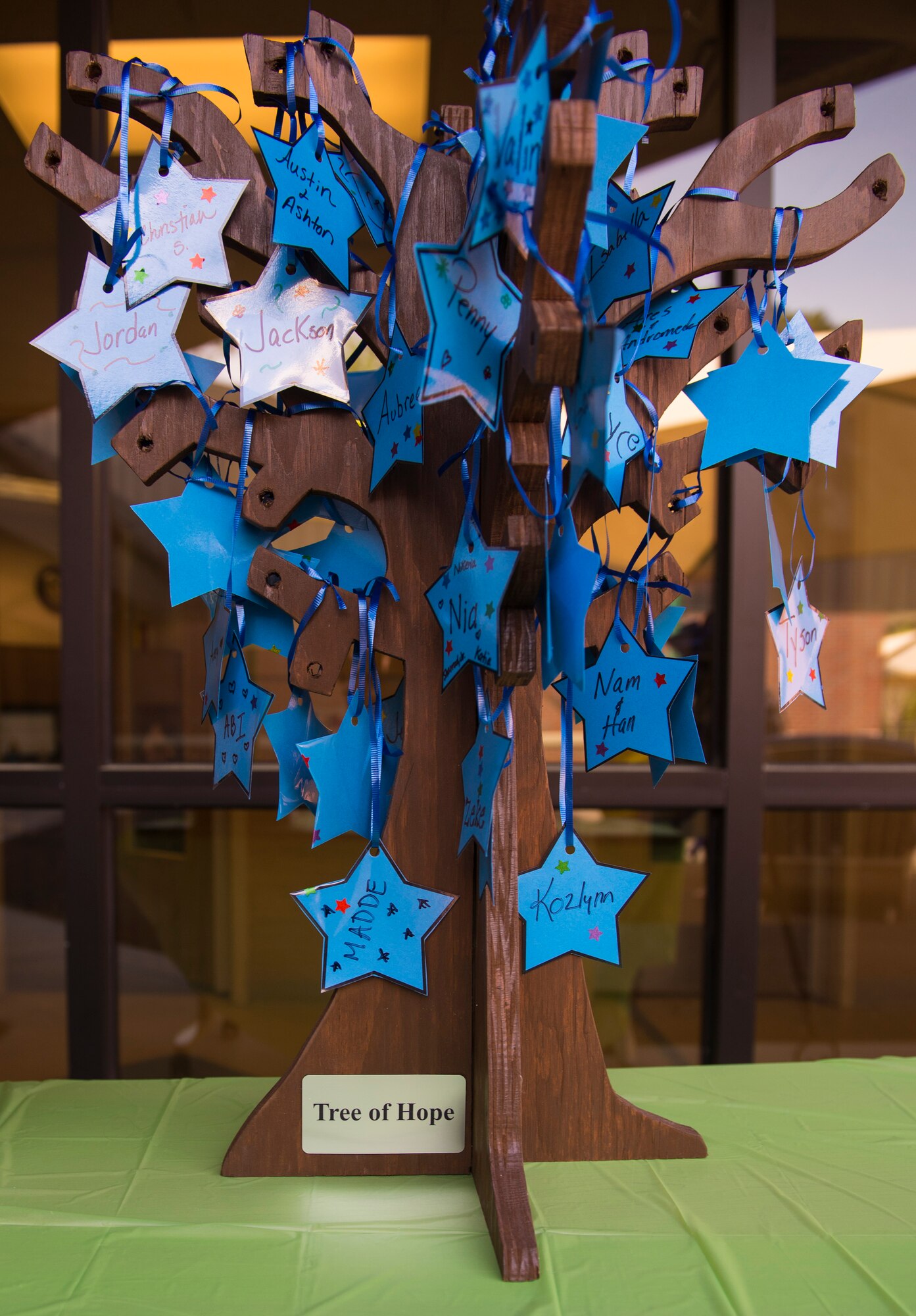 A ‘tree of hope’ rests on a table in honor of  National Child Abuse Prevention Month during a proclamation signing, April 6, 2016, at Moody Air Force Base, Ga. Children from Moody’s Child Development Center decorated  this tree in honor of the month’s dedication to increasing awareness on preventing child abuse and neglect. (U.S. Air Force photo by Airman 1st Class Greg Nash/Released) 
