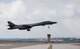 A B-1 bomber launches from the Ellsworth Air Force Base flightline to participate in the quarterly Large Force Exercise in the Powder River Training Complex March 30-31, 2016. The exercise included 17 aircraft and allowed B-1 bomber aircrews to train alongside other platforms to provide a realistic perspective of how to conduct multi-aircraft operations. (U.S. Air Force photo by Airman 1st Class Sadie Colbert/Released)