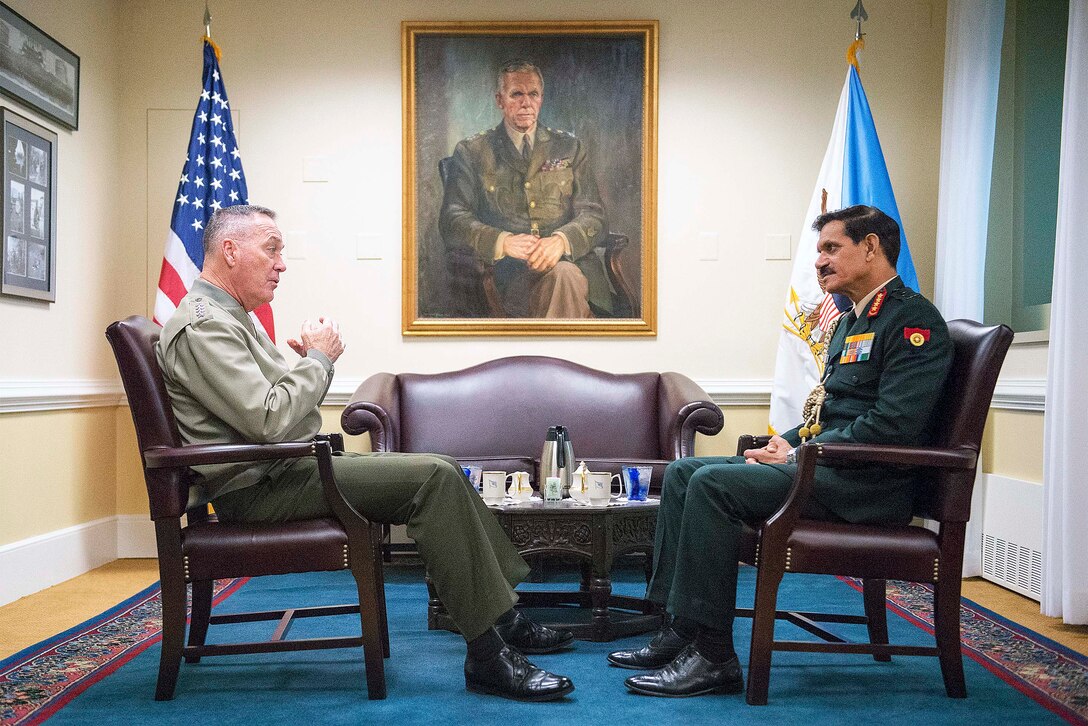Marine Corps Gen. Joe Dunford, left, chairman of the Joint Chiefs of Staff, meets with Indian Chief of Army Staff Gen. Dalbir Singh at the Pentagon, April 7, 2016. DoD photo by Navy Petty Officer 2nd Class Dominique A. Pineiro