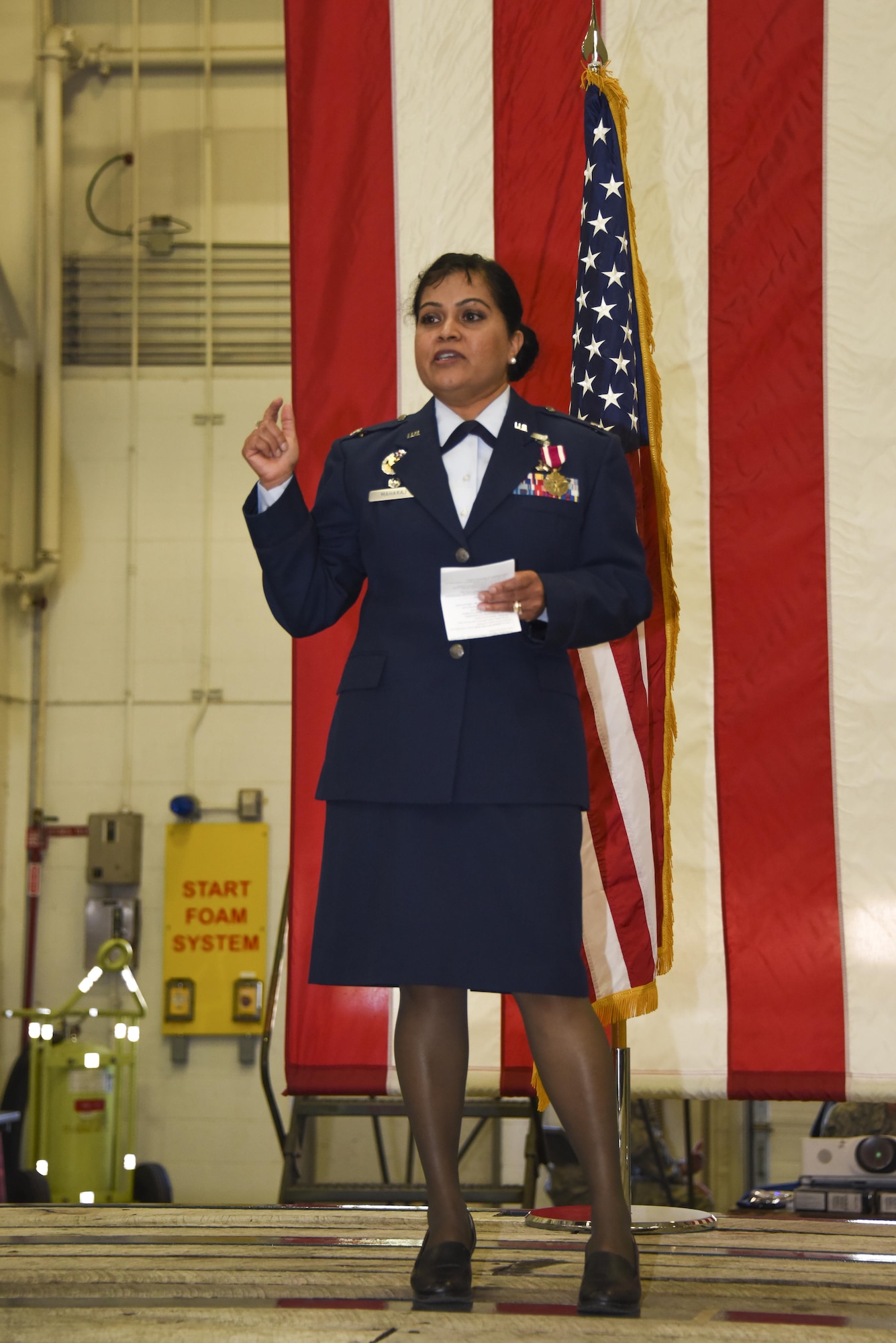Col. Beena N. Maharaj, commander of the 911th Mission Support Group, speaks at her assumption of command ceremony at the Pittsburgh International Air Reserve Station April 2, 2016. Commissioned in 1995, Maharaj has served in a variety of positions during her enlistment including equal opportunity and force development.