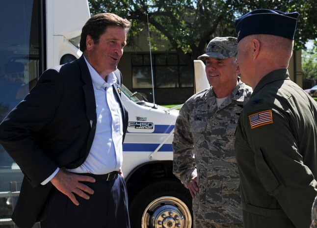 Col. John Trika, 940th Wing commander (center), and Col. Miles Heaslip, 349th Air Mobility Wing Detachment  1 director of operations (right), greet Congressman John Garamendi at the 9th Reconnaissance Wing Headquarters building on Beale Air Force Base, California, Apr. 06, 2016. Garamendi met with Beale leadership to discuss base infrastructure projects. (U.S. Air Force photo by Senior Airman Michael J. Hunsaker)