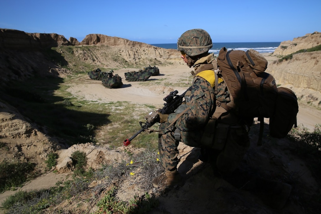 A Marine with Company B, 1st Battalion, 4th Marines looks for enemy movement from atop a hill as Assault Amphibious Vehicles stage for the next phase of Co. B’s Marine Corps Combat Readiness Evaluation aboard Marine Corps Base Camp Pendleton, Calif., March 29, 2016. The week-long assessment tests Co. B’s competency before a deployment later in the year. (U.S. Marine Corps photo by Lance Cpl. Timothy Valero/ Released)