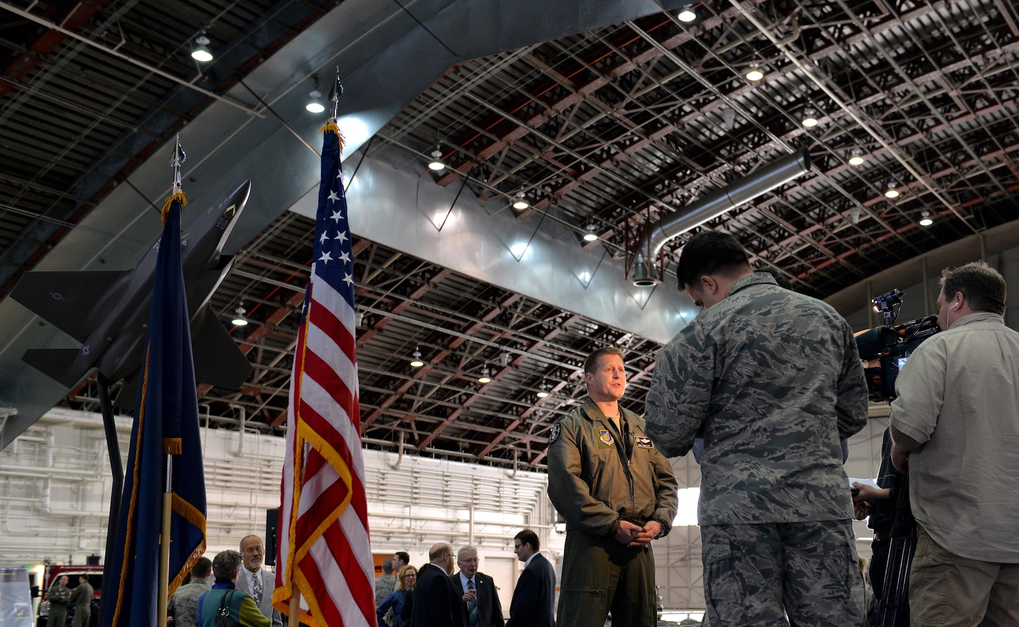 Air Force Col. Michael P. Winkler, the 354th Fighter Wing commander, participates in an interview following a March 4, 2016, ceremony at Eielson Air Force Base, Alaska, where he announced the news the Secretary of the Air Force made the decision to select Eielson as the location of the Air Force’s first F-35A operational base in the Pacific Air Forces’ Area of Responsibility. Air Force officials chose Eielson after a lengthy analysis of the location’s operational considerations, installation attributes, environmental factors and cost. (U.S. Air Force photo by Master Sgt. Karen J. Tomasik/Released)
