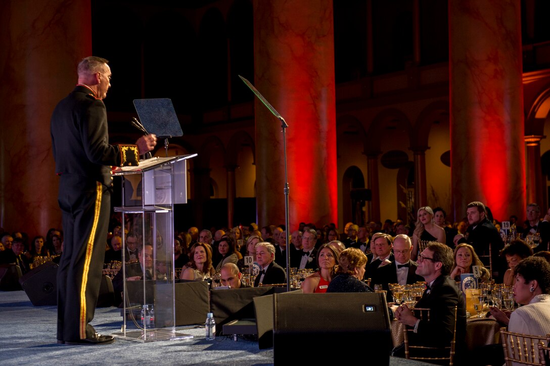 Marine Corps Gen. Joe Dunford, chairman of the Joint Chiefs of Staff, speaks at the Tragedy Assistance Program for Survivors 2016 Honor Guard Gala in Washington, D.C., April 6, 2016. DoD photo by Navy Petty Officer 2nd Class Jesse A. Hyatt