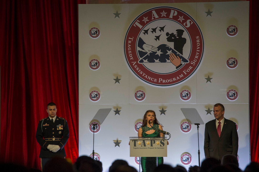 Taylor Dudley, an award winner, speaks at the Tragedy Assistance Program for Survivors 2016 Honor Guard Gala in Washington, D.C., April 6, 2016. DoD photo by Navy Petty Officer 2nd Class Jesse A. Hyatt
