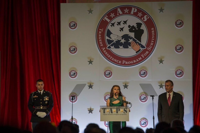 Taylor Dudley, an award winner, speaks at the Tragedy Assistance Program for Survivors 2016 Honor Guard Gala in Washington, D.C., April 6, 2016. DoD photo by Navy Petty Officer 2nd Class Jesse A. Hyatt