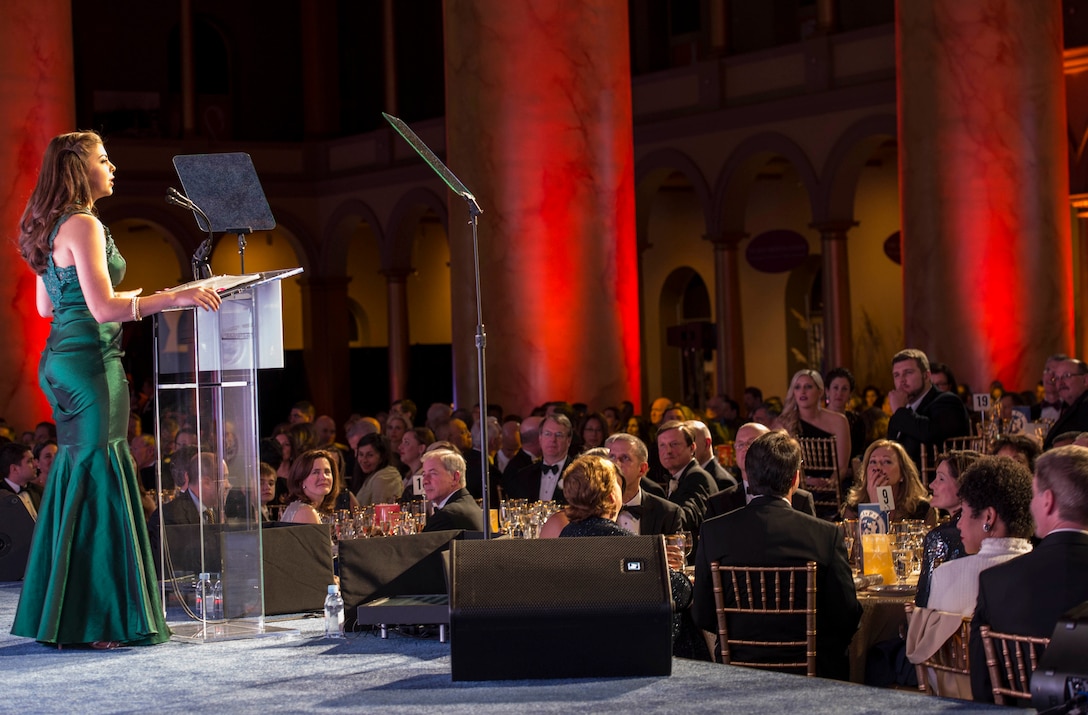 Taylor Dudley, an award winner, speaks at the Tragedy Assistance Program for Survivors Honor Guard 2016 Gala in Washington, D.C., April 6, 2016. DoD photo by Navy Petty Officer 2nd Class Jesse A. Hyatt
