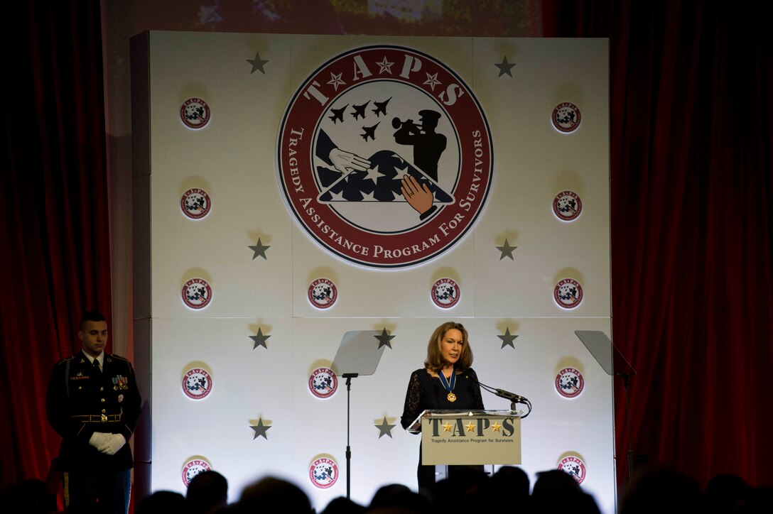 Bonnie Carroll, founder and president of Tragedy Assistance Program for Survivors, speaks at the TAPS 2016 Honor Guard Gala  in Washington, D.C., April 6, 2015. DoD photo by Navy Petty Officer 2nd Class Jesse A. Hyatt
