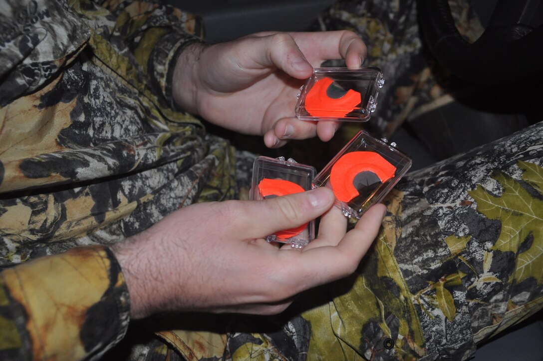 Savannah Corps Forester Aaron Murphy uses diaphragm calls, which are horseshoe-shaped frames consisting of layers of thin latex or rubber reeds to mimic four distinct turkey calls: yelping, clucking, putting and purring. Murphy participated in Thurmond Lake's Turkey Hunt April 1 along with a handful of hopefuls looking to harvest one or more Eastern Wild Turkeys who inhabit the stretch of public land.