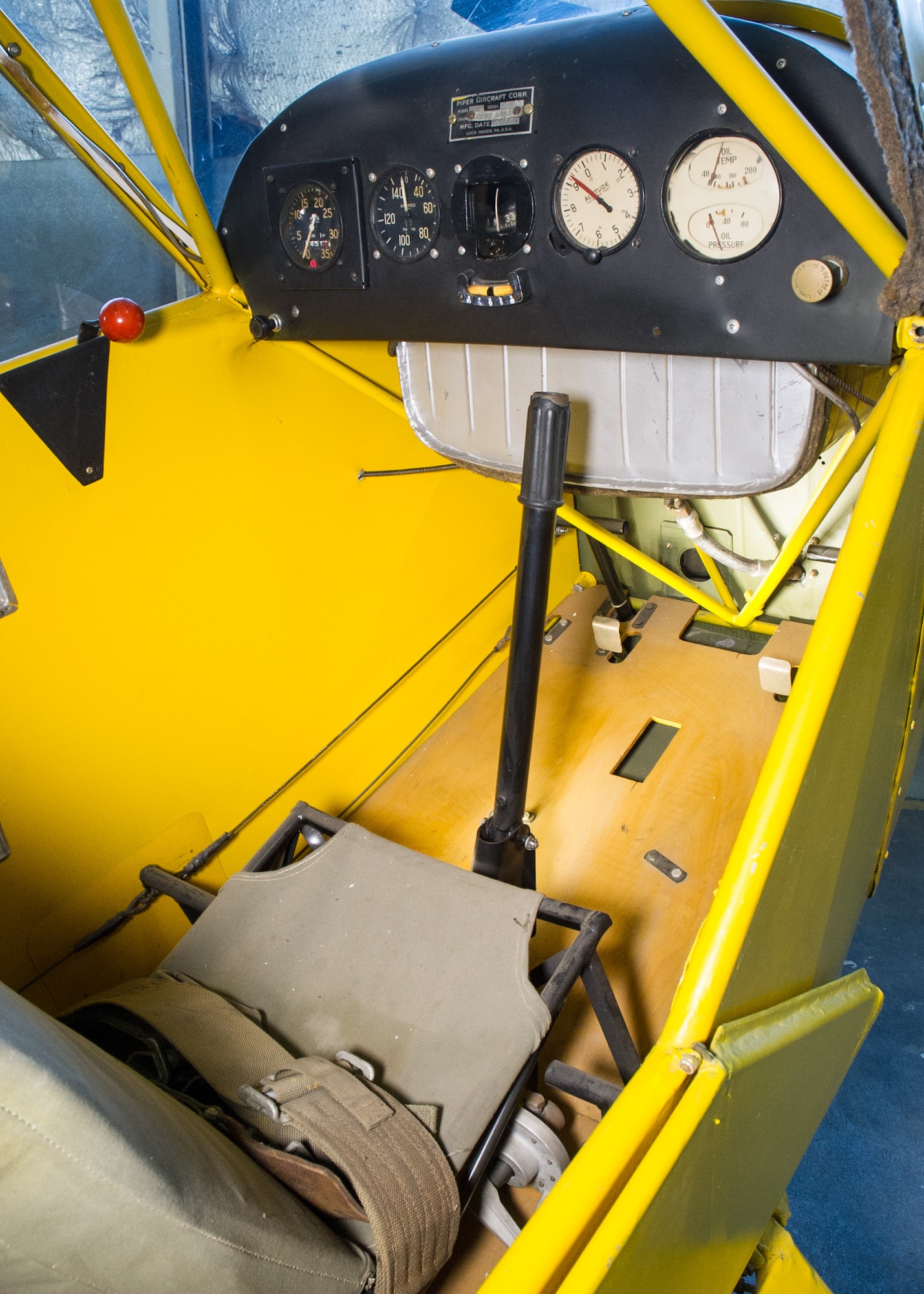 DAYTON, Ohio -- Piper J-3C-65-8 cockpit view at the National Museum of the United States Air Force. (U.S. Air Force photo by Ken LaRock)
