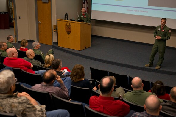 U.S. Air Force Lt. Col. James C. O’Brien III, commander, 50th Airlift Squadron, recaps his history with the 50 AS for attendees during the opening ceremony of the “Red Devil Reunion” for the 50 AS at Little Rock Air Force Base, Ark., Apr. 1, 2016. Until recently, the 50 AS maintained an active association with the 913th Airlift Group, where their Airmen worked side by side with Reserve Airmen on Reserve aircraft. (U.S. Air Force photo by Master Sgt. Jeff Walston/Released) 