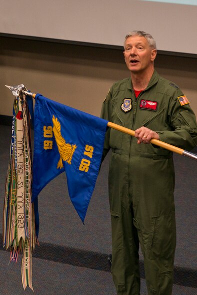 U.S. Air Force Maj. Gen. Rowayne A. Schatz, vice commander, Air Mobility Command, speaks about the combat history of the 50th Airlift Squadron, during the “Red Devil Reunion” for the 50 AS at Little Rock Air Force Base, Ark., Apr. 1, 2016. Schatz was the 53rd commander of the 50 AS. The reunion was an opportunity for 50 AS veterans to reconnect and meet with those who followed. (U.S. Air Force photo by Master Sgt. Jeff Walston/Released) 