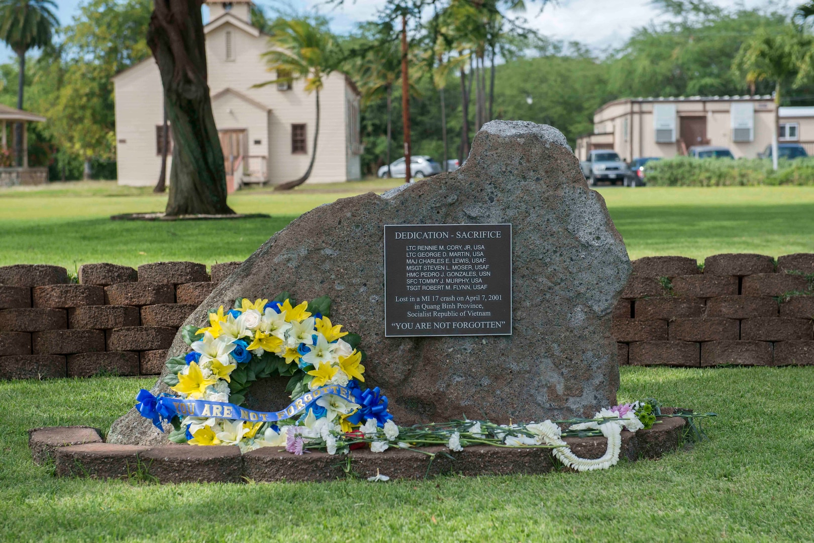 The Defense POW/MIA Accounting Agency held a memorial service for seven American killed in a helicopter crash on Apr. 7, 2001. The ceremony was conducted today on Joint Base Pearl Harbor-Hickam, and hopes to honor the lives of the men and the resolve of the accounting mission. The DPAA works to provide the fullest possible accounting for our missing personnel to their families and the nation. (DoD photo by MC1 Vladimir Potapenko/Released)
