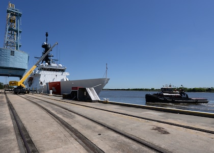 USCGC Hamilton (WMSL 753) conducts a weapons on-load at Joint Base Charleston – Weapons Station, SC, April 4, 2016. This evolution marked the first time in over 20 years that any military ship loaded weapons the JB Charleston - WS. (U.S. Navy Photo by Mass Communication Specialist 1st Class Sean M. Stafford)