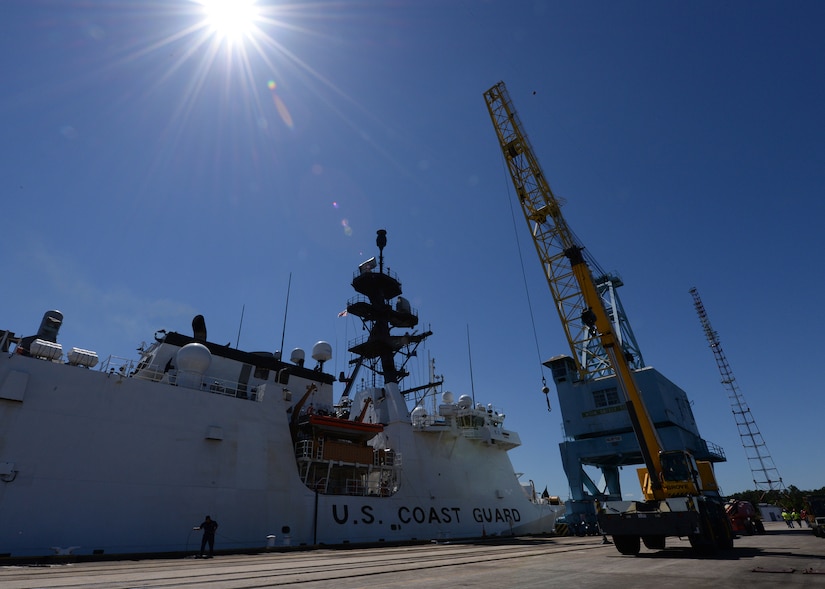 USCGC Hamilton (WMSL 753) conducts a weapons on-load at Joint Base Charleston – Weapons Station, SC, April 4, 2016. This evolution marked the first time in over 20 years that any military ship loaded weapons the JB Charleston - WS. (U.S. Navy Photo by Mass Communication Specialist 1st Class Sean M. Stafford)