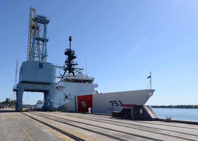 USCGC Hamilton (WMSL 753) conducts a weapons on-load at Joint Base Charleston – Weapons Station, SC, April 4, 2016. This evolution marked the first time in over 20 years that any military ship loaded weapons the JB Charleston - WS. (U.S. Navy Photo by Mass Communication Specialist 1st Class Sean M. Stafford)