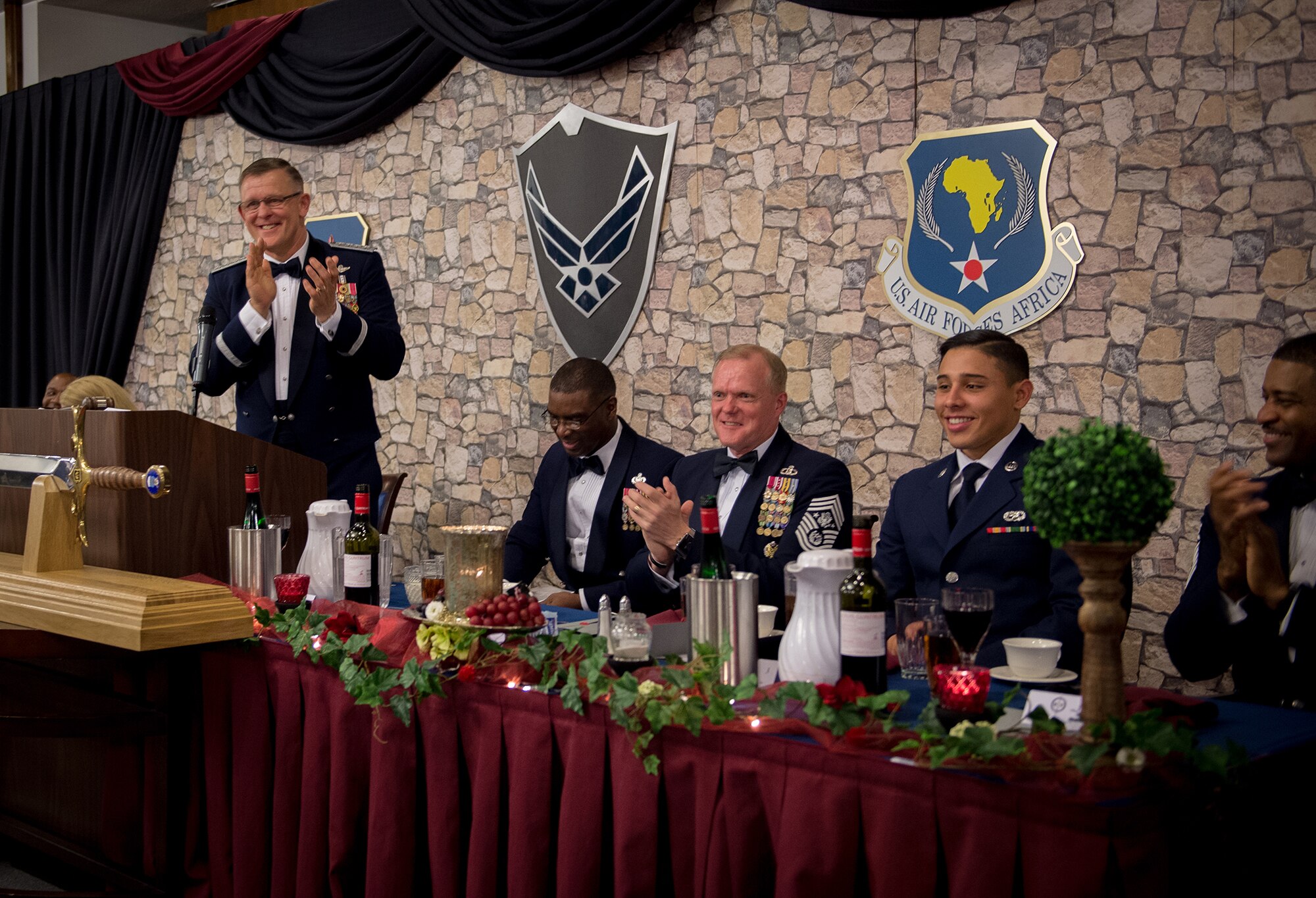 Gen. Frank Gorenc, U.S. Air Forces in Europe and Air Forces Africa commander, laughs with the crowd while speaking to the enlisted force during an Order of the Sword ceremony held at Ramstein Air Base, Germany, April 7, 2016. The Order of the Sword is a special program where noncommisioned officers of a command recognize individuals who have made significant contributions to the enlisted corps. Gorenc is the 20th USAFE-AFAFRICA commander to be awarded this honor. (U.S. Air Force photo/ Tech. Sgt. Ryan Crane)