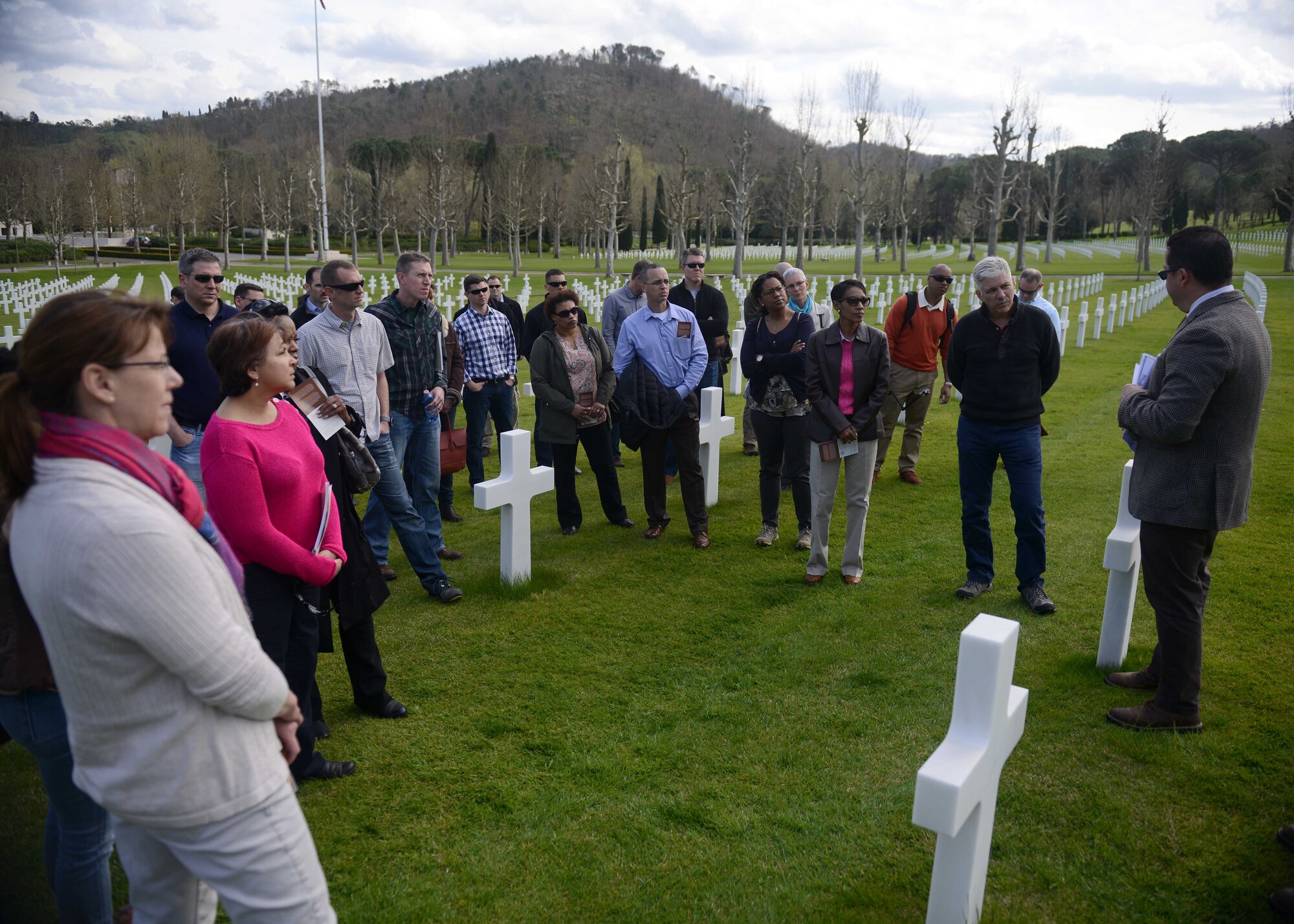 Team Aviano’s leaders participate in an off-site conference to help further develop and improve as a wing and individually as Air Force leaders, March 29 to 31, 2016, at Camp Darby, Italy. During the heritage immersion, attendees visited the Florence-American Cemetery and Memorial and hiked to the Gothic Line, a World War II German defense line which stretched east-west 170 miles in the North Apennine Mountains. (U.S. Air Force photo by Staff Sgt. Evelyn Chavez/Released)