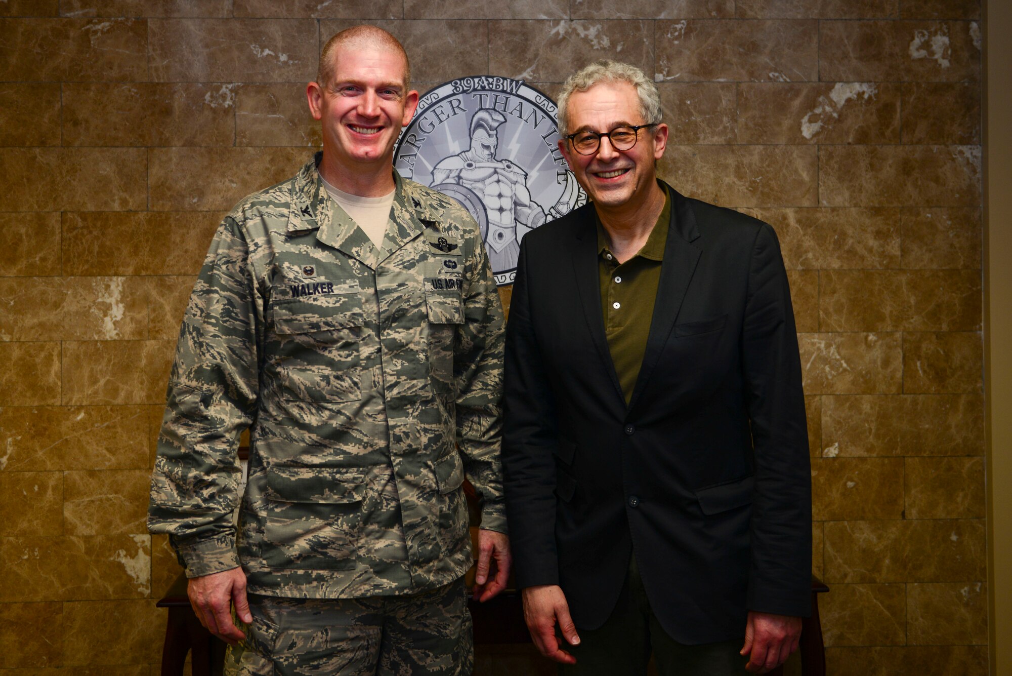 Col. John Walker, 39th Air Base Wing commander, and Gerd Hoofe, German State Secretary at the Federal Ministry of Defense, pose for a photo, April 7, 2016, at Incirlik Air Base, Turkey. Hoofe came to Incirlik AB to observe German operations first-hand. (U.S. Air Force photo by Staff Sgt. Caleb Pierce/Released)