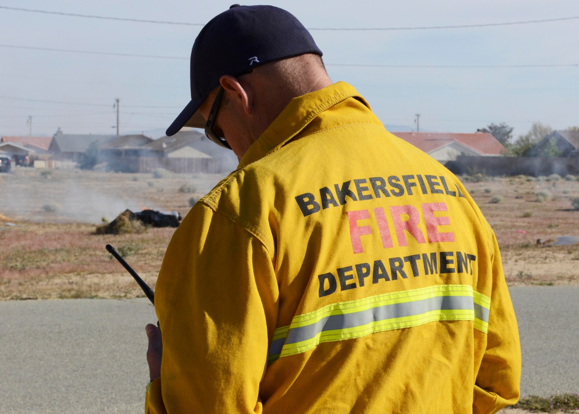 Fire departments from Bakersfield, California, California City and Kern County participated in Exercise Desert Wind 16-02 April 4. The scenario was a Royal Air Force F-35 crash in the middle of California City. (U.S. Air Force photo by Kenji Thuloweit)