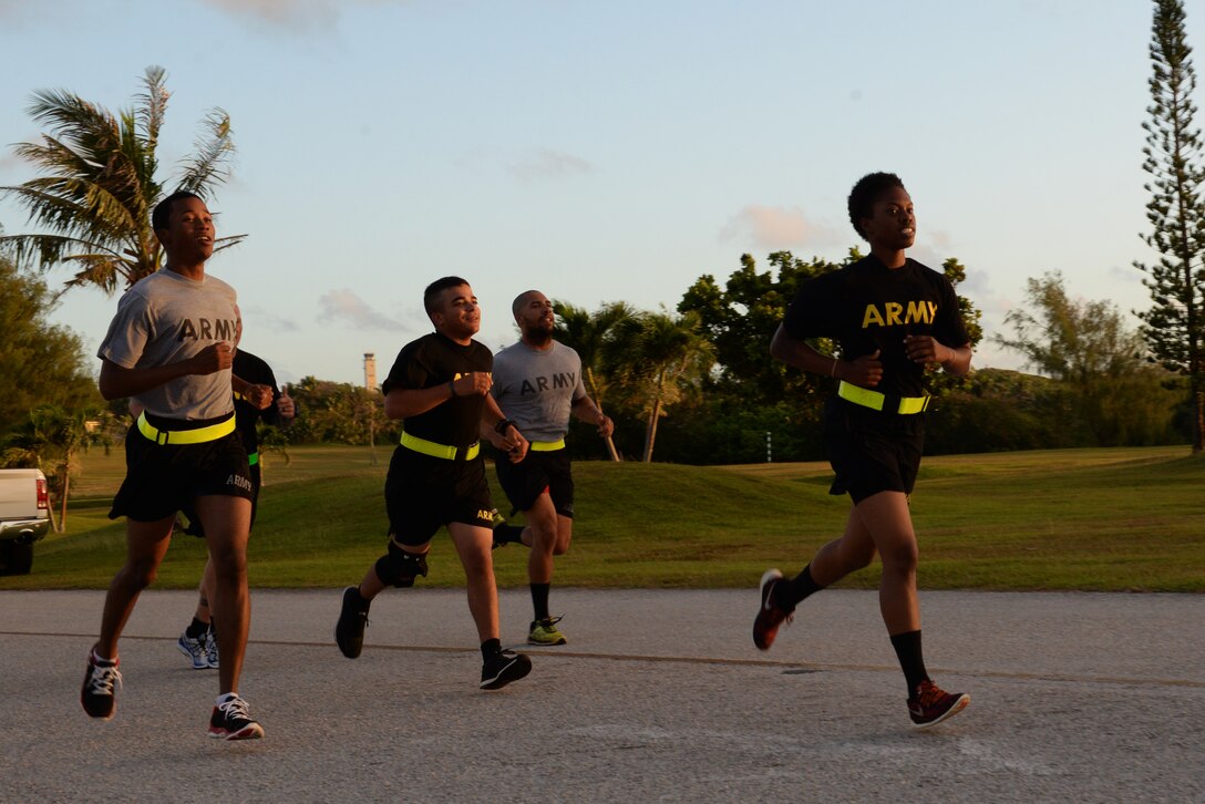 Soldiers run in the SHARP Week 5k April 4, 2016, at Andersen Air Force Base. The 5k kicked off the activities for the week that focused on sexual harassment/assault response and prevention for Task Force Talon. (U.S. Air Force photo/Airman 1st Class Jacob Skovo)