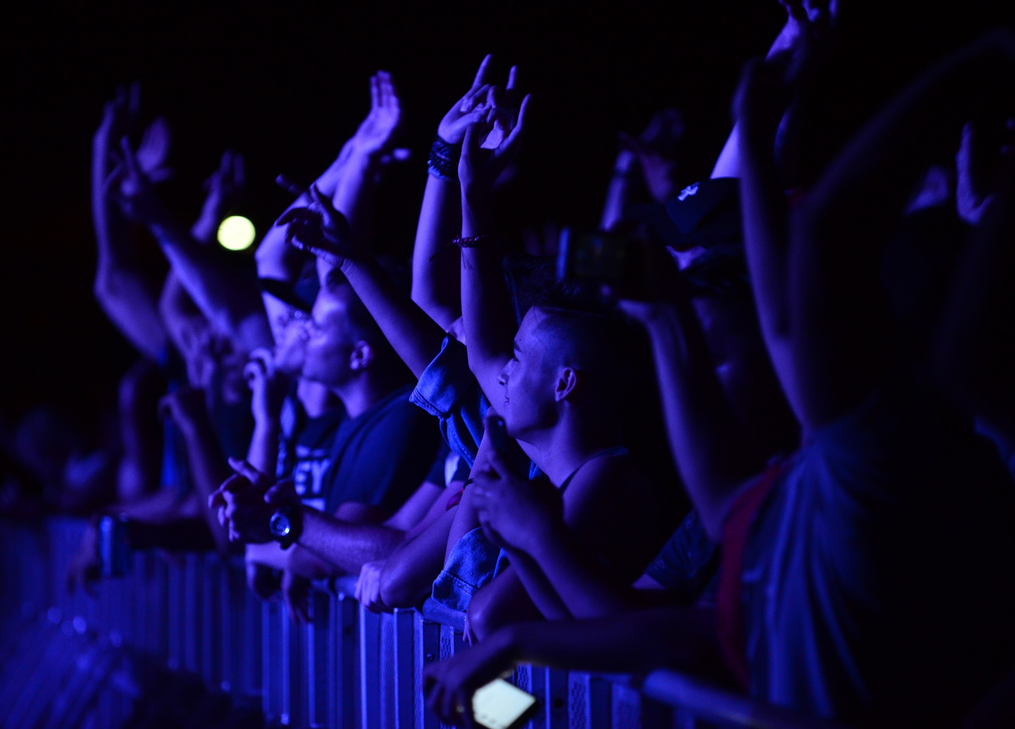 Fans cheer during the Drowning Pool concert April 6, 2016, at Andersen Air Force Base, Guam. During the concert, Drowning Pool performed hit singles including “Bodies”. (U.S. Air Force photo by Senior Airman Joshua Smoot)