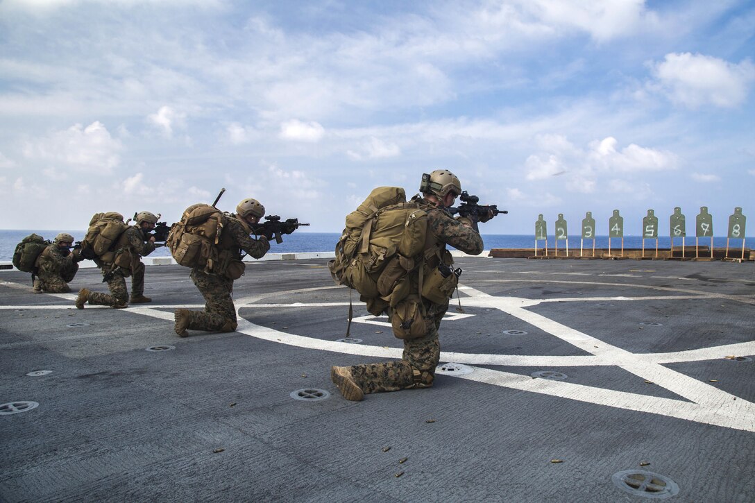 Marines participate in a deck shoot aboard the USS New Orleans in the Pacific Ocean, April 1, 2016. Marine Corps photo by Sgt. Hector de Jesus