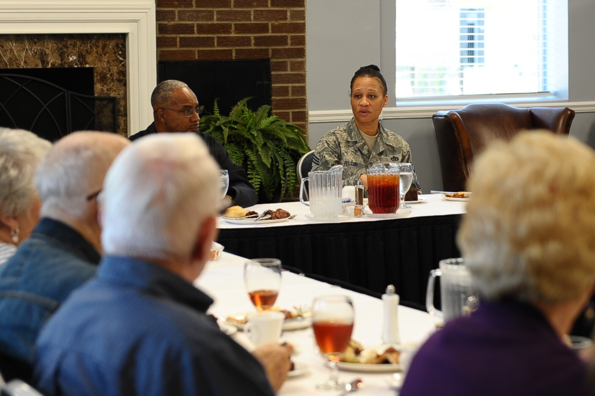 Chief Master Sgt. Rita Felton, 14th Flying Training Wing Command Chief, speaks to retirees during the Retired Chief’s Luncheon April 5 at Columbus Air Force Base, Mississippi. The event brought in more than 10 local retirees from the Columbus community. After a meal, some stories and news about future events, the event concluded. (U.S. Air Force photo/Senior Airman Kaleb Snay)