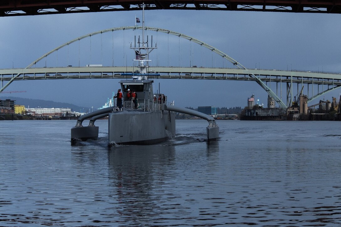 Sea Hunter, a prototype of a new class of unmanned oceangoing vessel, conducts on-water tests in Portland, Ore., recently. The Defense Advanced Research Projects Agency held a christening ceremony for the ship April 7, 2016, in Portland. DoD photo