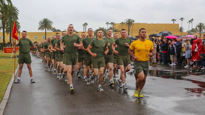 Marines of Hotel Company, 2nd Recruit Training Battalion, take part in the motivation run at Marine Corps Recruit Depot San Diego, April 7. The run marks the last physical exercise Marines participate in during recruit training. Annually, more than 17,000 males recruited from the Western Recruiting Region are trained at MCRD San Diego. Hotel Company is scheduled to graduate April 8.