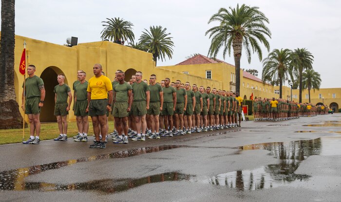 Marines of Hotel Company, 2nd Recruit Training Battalion, prepare for their motivation run at Marine Corps Recruit Depot San Diego, April 7. After the Marines complete the run, they spend the rest of the afternoon with their families, friends and loved ones during on-base liberty. Annually, more than 17,000 males recruited from the Western Recruiting Region are trained at MCRD San Diego. Hotel Company is scheduled to graduate April 8.