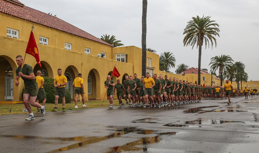 Marines of Hotel Company, 2nd Recruit Training Battalion, begin their motivation run at Marine Corps Recruit Depot San Diego, April 7. The three-mile run is conducted the day before graduation and passes by all major training areas on the depot. Annually, more than 17,000 males recruited from the Western Recruiting Region are trained at MCRD San Diego. Hotel Company is scheduled to graduate April 8.